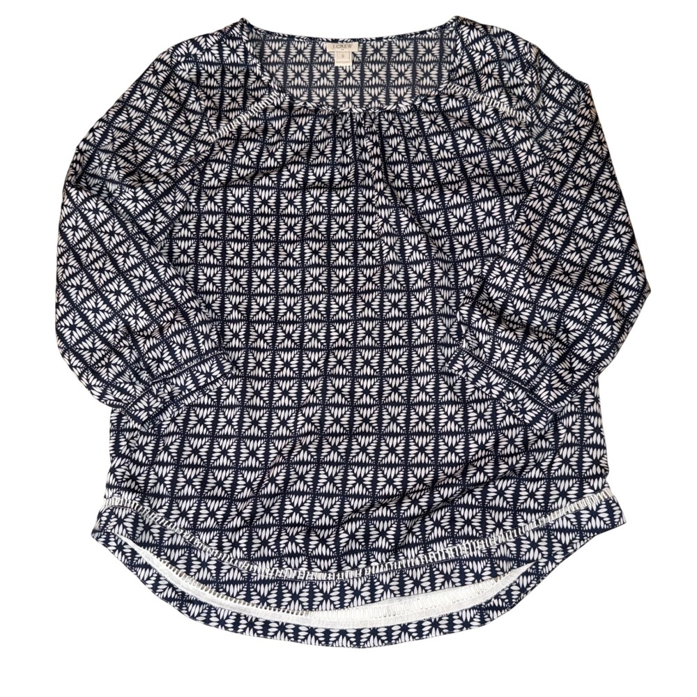 J.Crew Blouse Small‎ Navy Blue White Geometric Leaf Print Ladder Lace Trim Top